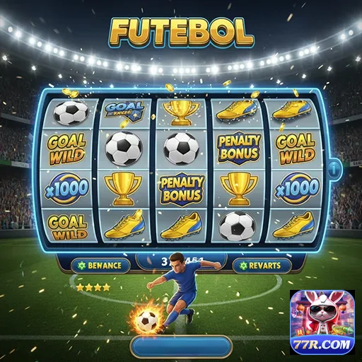 Jogo de slot futebol no 77r, apresentando uma máquina de caça-níqueis temática esportiva.