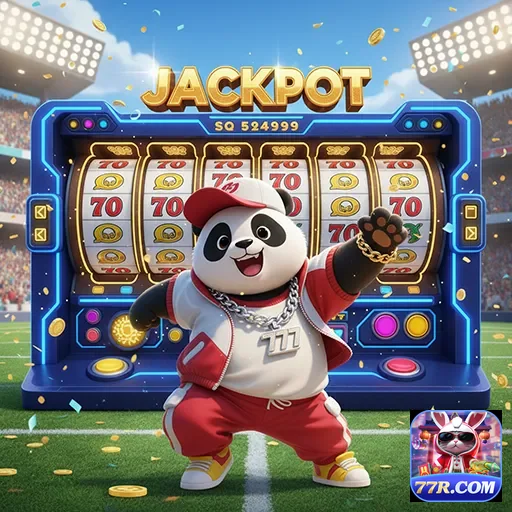Imagem do jogo Jackpot Panda Slot no site 77r, com um panda e símbolos de sorte.